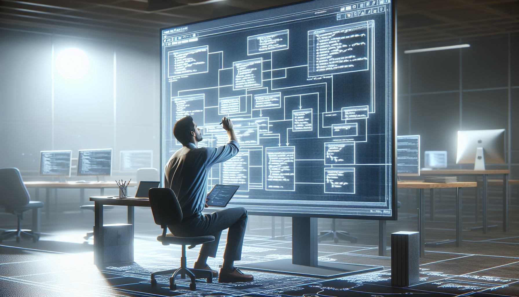 Ein Mann sitzt an einem Computer in einem hell beleuchteten Büro und entwirft ein UML-Diagramm für die Software Matrix. Das Büro ist modern eingerichtet